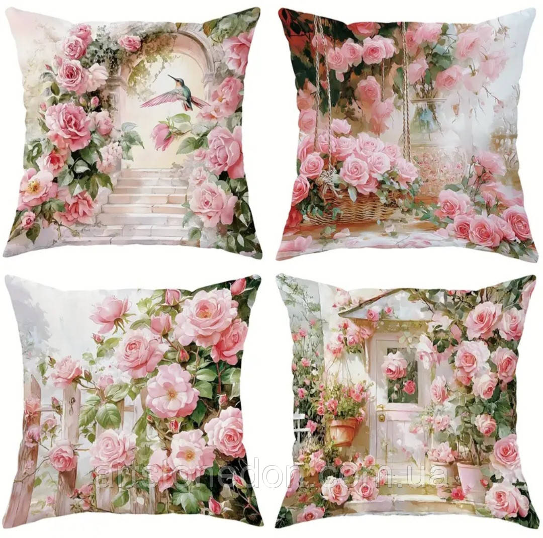 Набір декоративних чохлів на подушки 4 шт з принтом рожевих троянд, фото 1