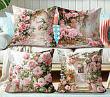Набір декоративних чохлів на подушки 4 шт з принтом рожевих троянд, фото 2
