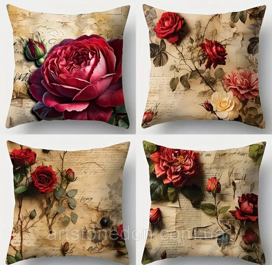 Набір 4 декоративні чохли на подушки з вінтажним принтом троянд, фото 1