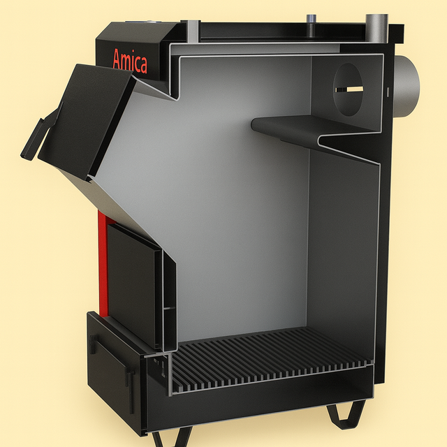 Твердопаливний котел Amica Есо у розрізі демонструє внутрішню конструкцію з камерою згоряння та зольником. Завдяки продуманій будові котел забезпечує економне згоряння дров і вугілля, високу тепловіддачу та тривалий термін служби. Ідеальне рішення для приватного будинку. Котел Amica Есо у розрізі – сучасний твердопаливний котел для дому
