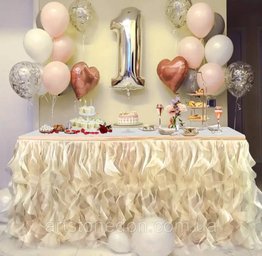 Святкова спідниця для столу з органзи – рюші, декор для дня народження, весілля, свята, фото 1