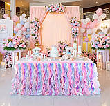 Святкова спідниця для столу з органзи – рюші, декор для дня народження, весілля, свята, фото 3