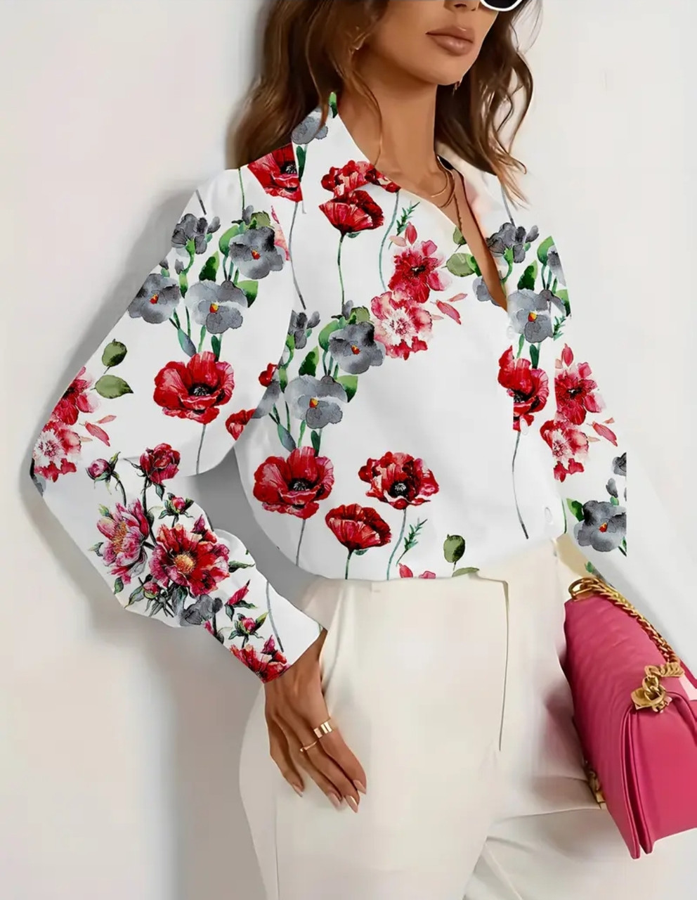 Жіноча блузка з маками біла нарядна блузка з квітковим принтом блуза з довгим рукавом, фото 1
