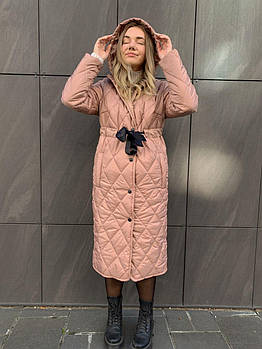 Куртка-пальто жіноча стьобана з поясом утеплювач синтепон 150 (Норма та напівбатал)