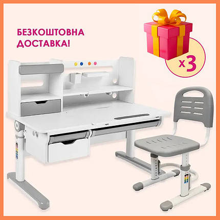 Комплект парта стіл із надбудовою Fundesk Pensare Grey + крісло FunDesk SST3LS Grey для школяра, фото 1