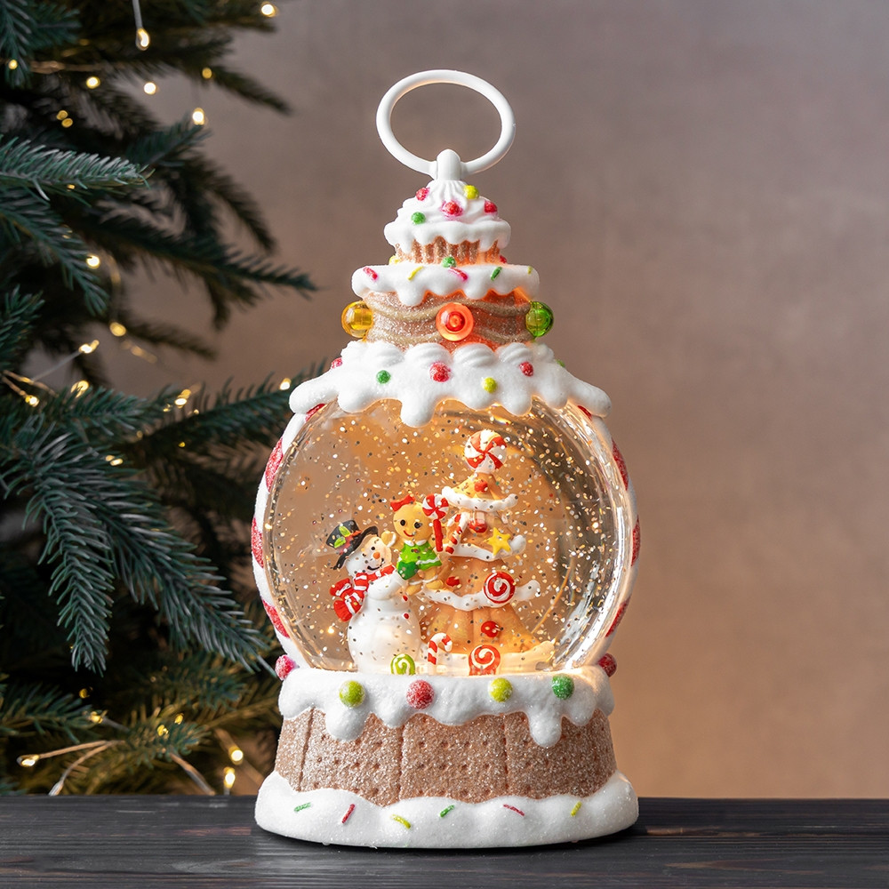 Новорічний ліхтар із підсвічуванням та музикою Пряничний сніговий бал 26 см 19240-018, фото 1
