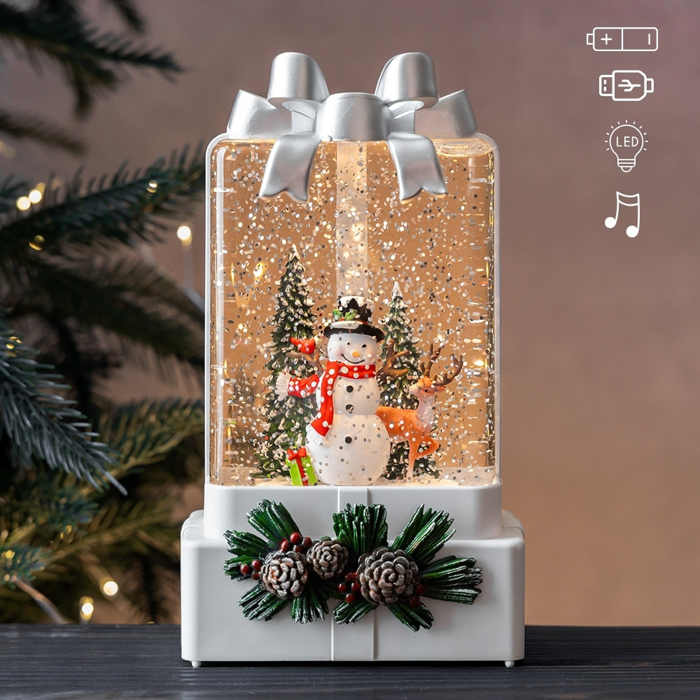 Новорічний ліхтар із підсвічуванням та музикою Подарунок від сніговика 18 см 19240-016, фото 1