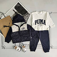 Дитячий синій костюм Puma, комплект трійка з утепленою курткою