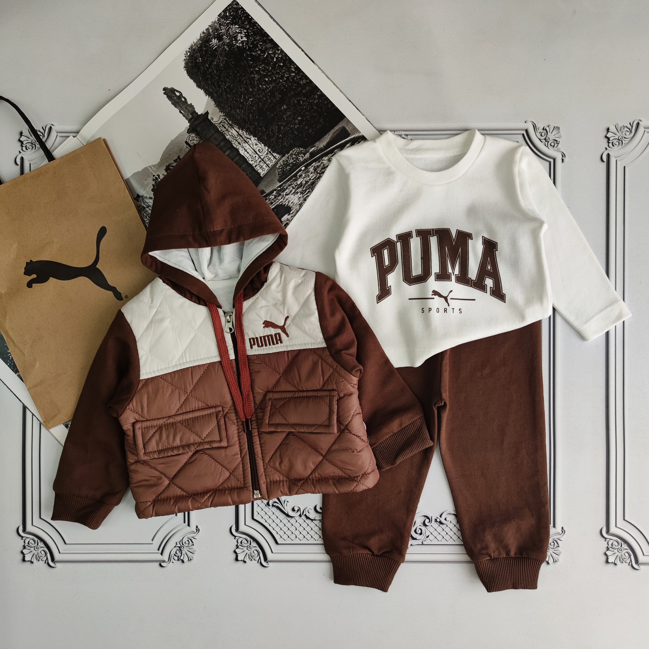 Дитячий коричневий костюм Puma, комплект трійка з утепленою курткою, фото 1