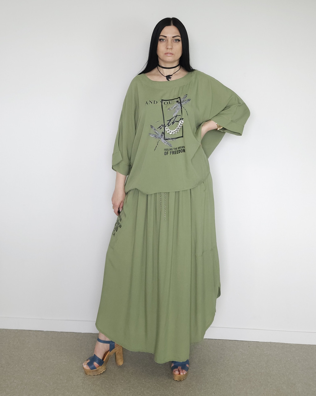 Костюм літній жіночий (футболка та спідниця) зелений. XL, XXL, 3XL, фото 1