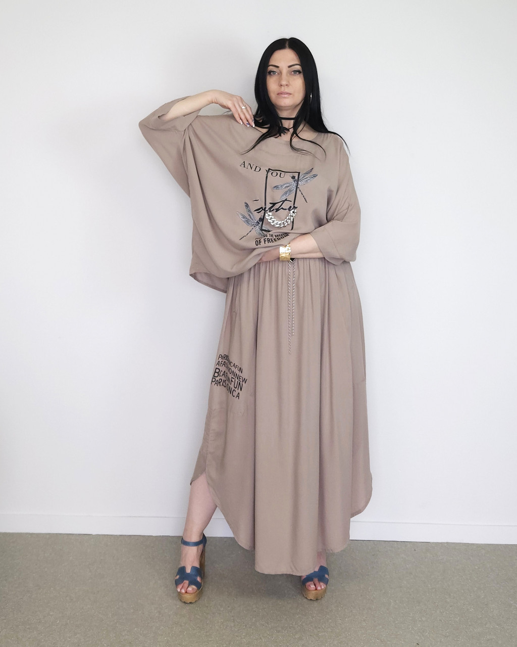 Костюм літній жіночий (футболка та спідниця) бежевий. XL, XXL, 3XL, фото 1