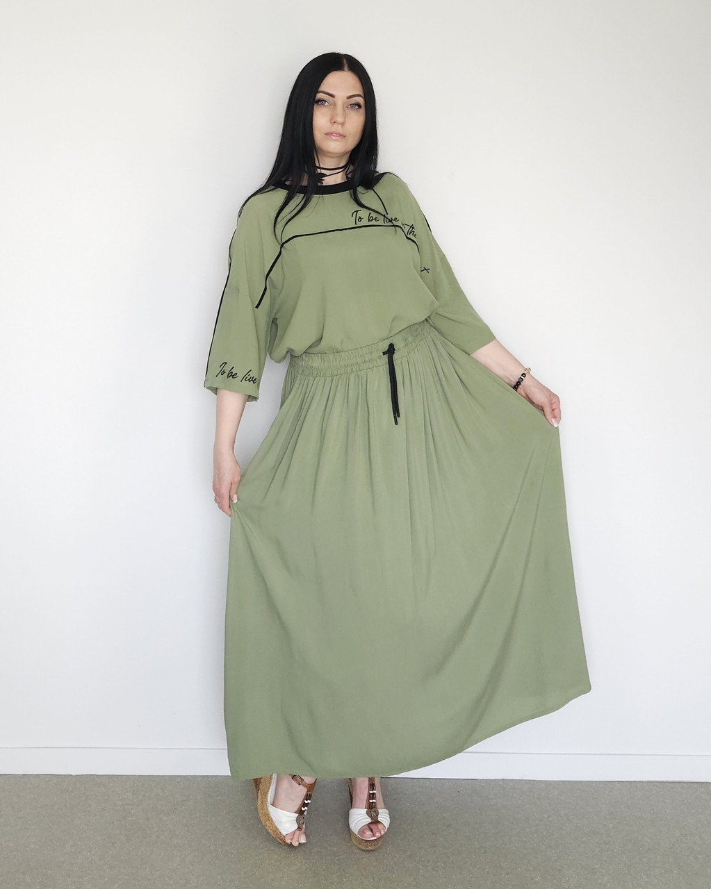 Костюм літній жіночий (футболка та спідниця) зелений. XL, XXL, 3XL, фото 1