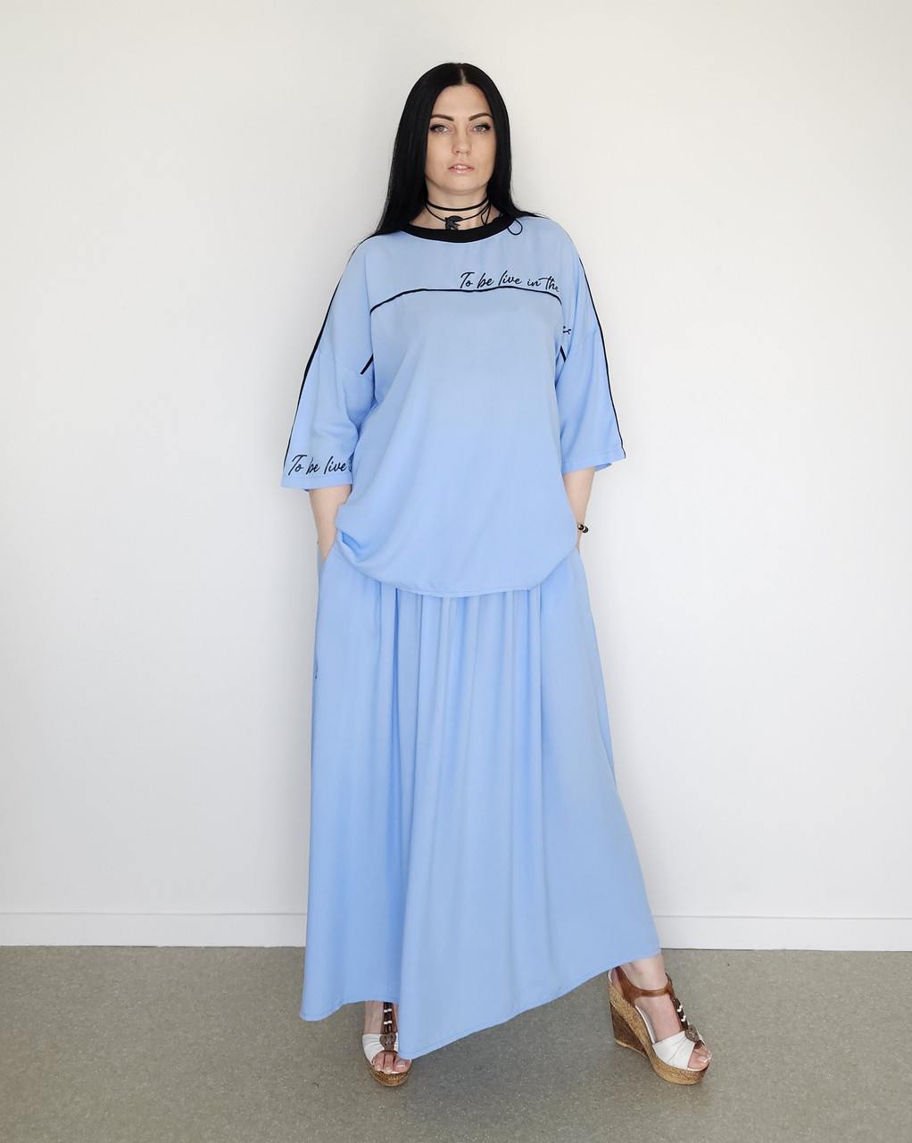 Костюм літній жіночий (футболка та спідниця) блакитний. XL, XXL, 3XL, фото 1