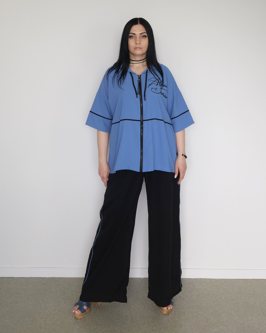 Костюм літній жіночий (кофта та брюки) синій / чорний. XL, XXL, 3XL, фото 1