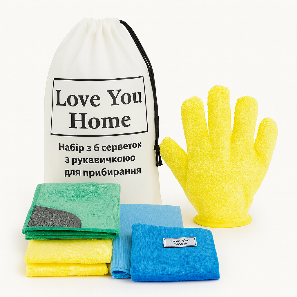Набір з 6 серветок з рукавичкою для прибирання “Швидке прибирання пилу та блиск скла” LoveYouHome