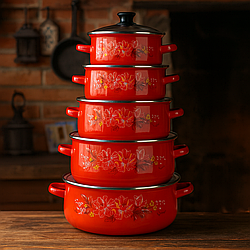 Набір емальованих червоних кастрюль 5 шт.