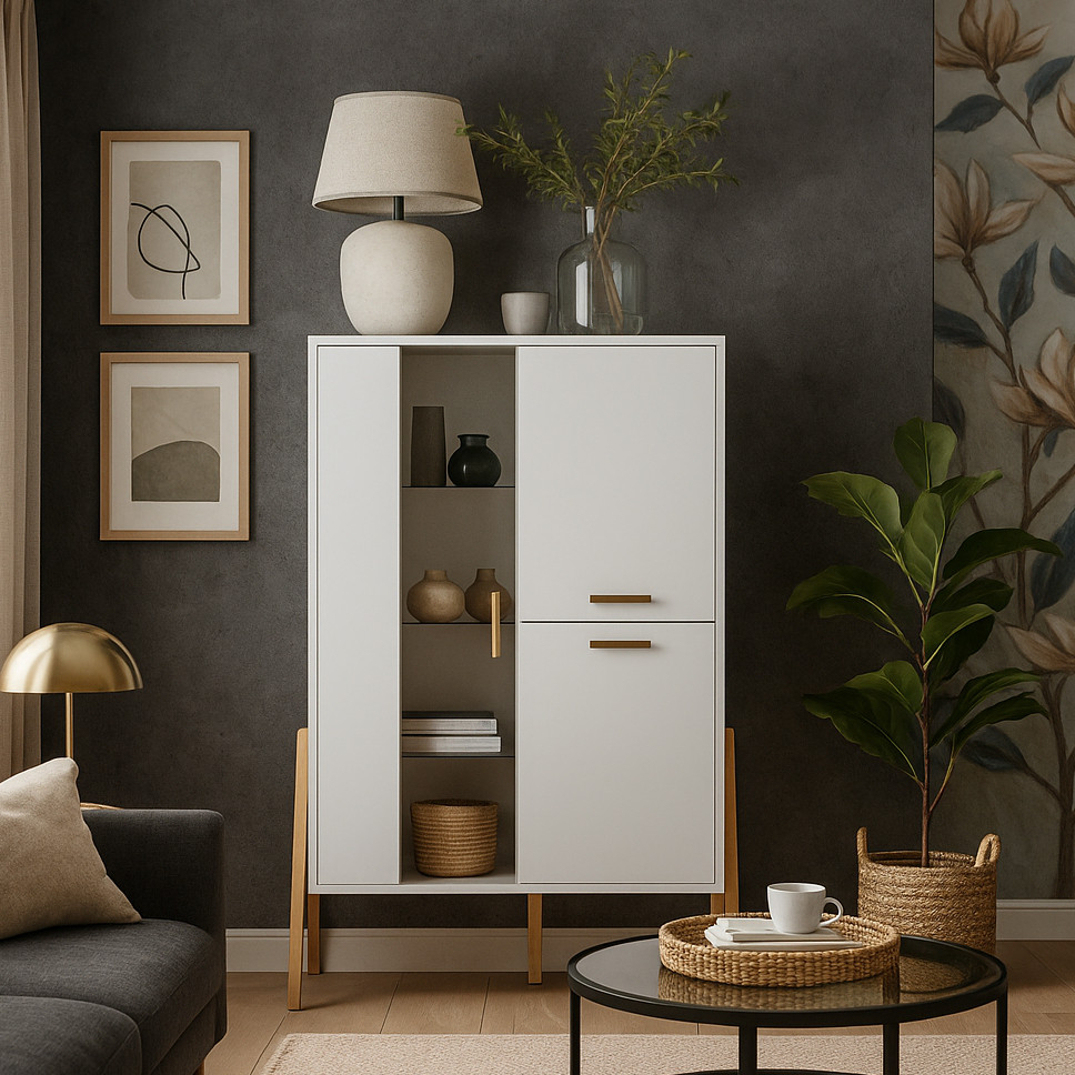 Сучасна стильна біла низька вітрина 100 см під посуд на дерев'яних ніжках у вітальню Бель ВМВ Холдинг