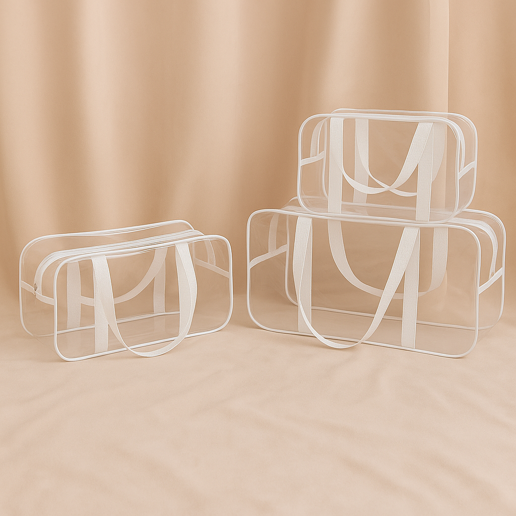 Набір з трьох прозорих сумок у пологовий будинок з посиленим кантом L + XL + XXL ЕкоМама Білий, фото 1