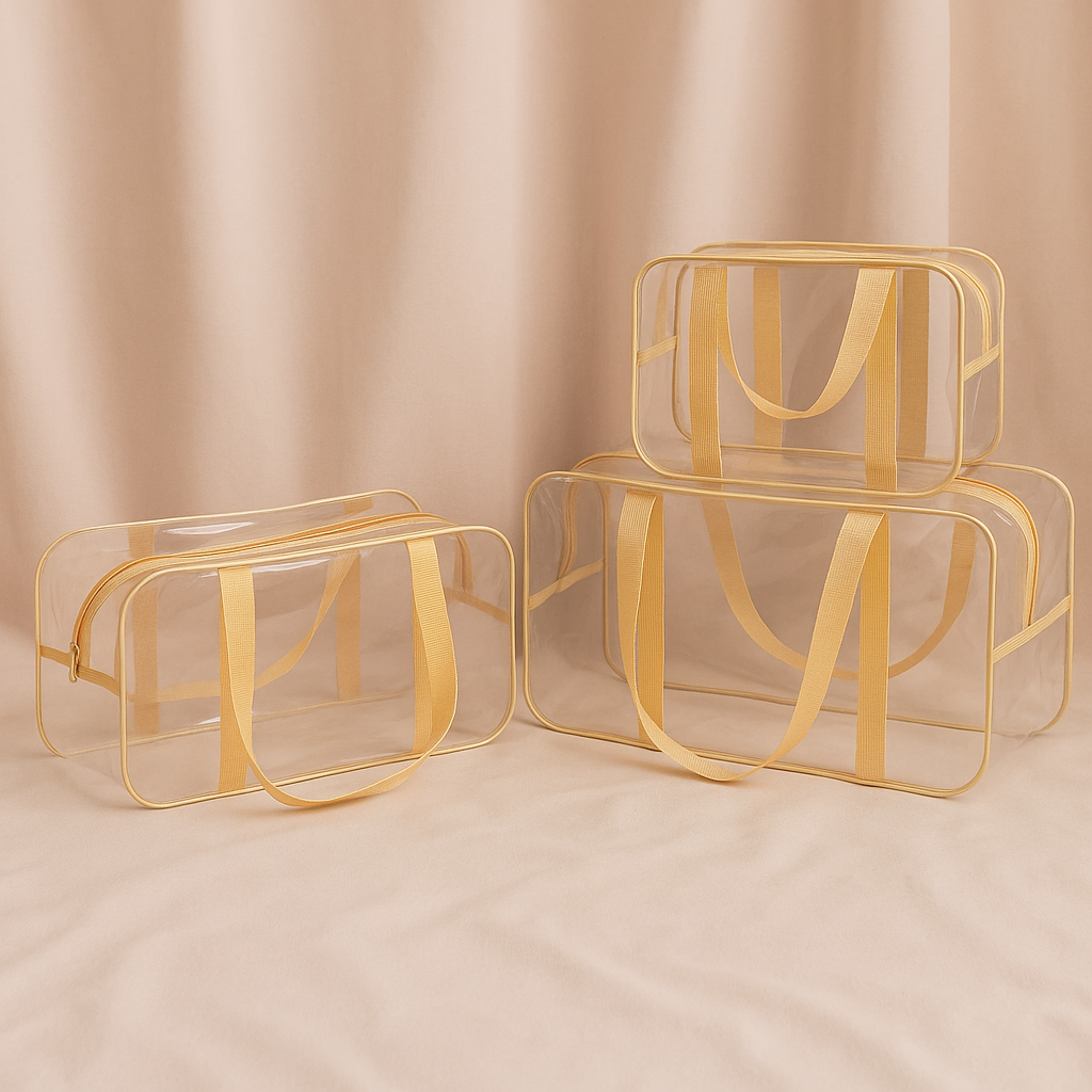 Набір з трьох прозорих сумок у пологовий будинок з посиленим кантом XL + XXL + Косметичка ЕкоМама Бежевий, фото 1