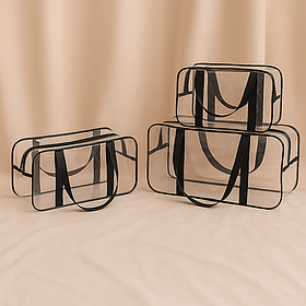 Набір з трьох прозорих сумок у пологовий будинок з посиленим кантом XL + XXL + Косметичка ЕкоМама Чорний