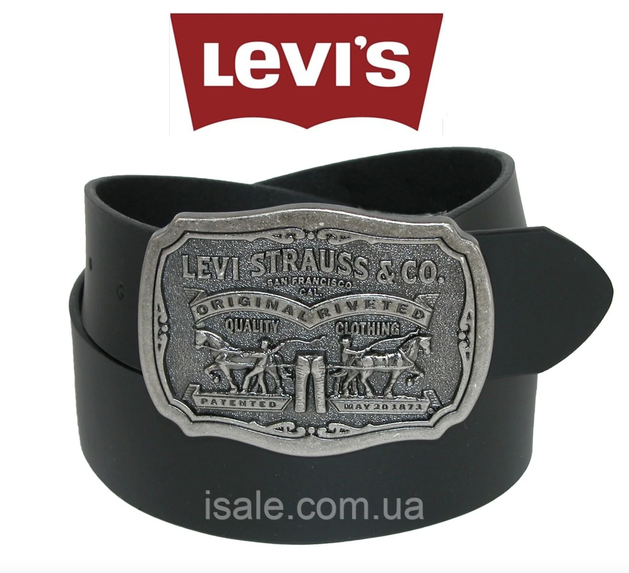 Шкіряний чоловічий ремінь чорний LEVI'S з великою пряжкою, фото 1