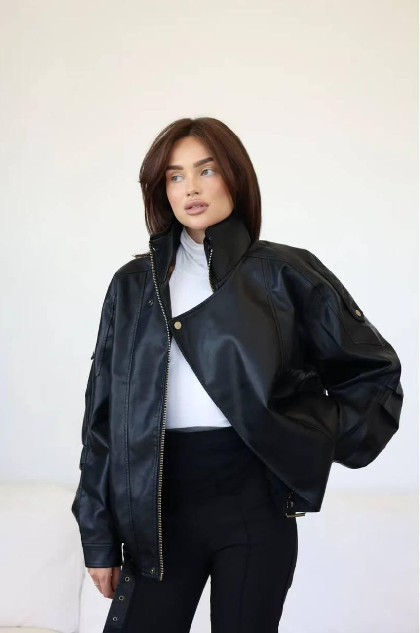 Жіноча чорна куртка косуха зі штучної шкіри з підкладкою — стильна шкіра 2025, S, M, L, фото 1