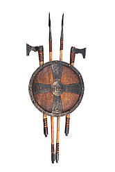 Набір на стіну ручної роботи: декоративний панно Тамплієр + 2 елементи з наконечником + 2 топорики