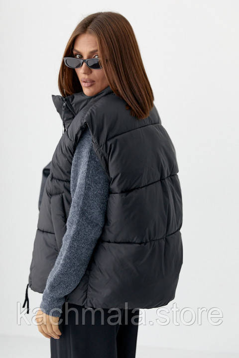 Жіноча чорна тепла подовжена жилетка, фото 1