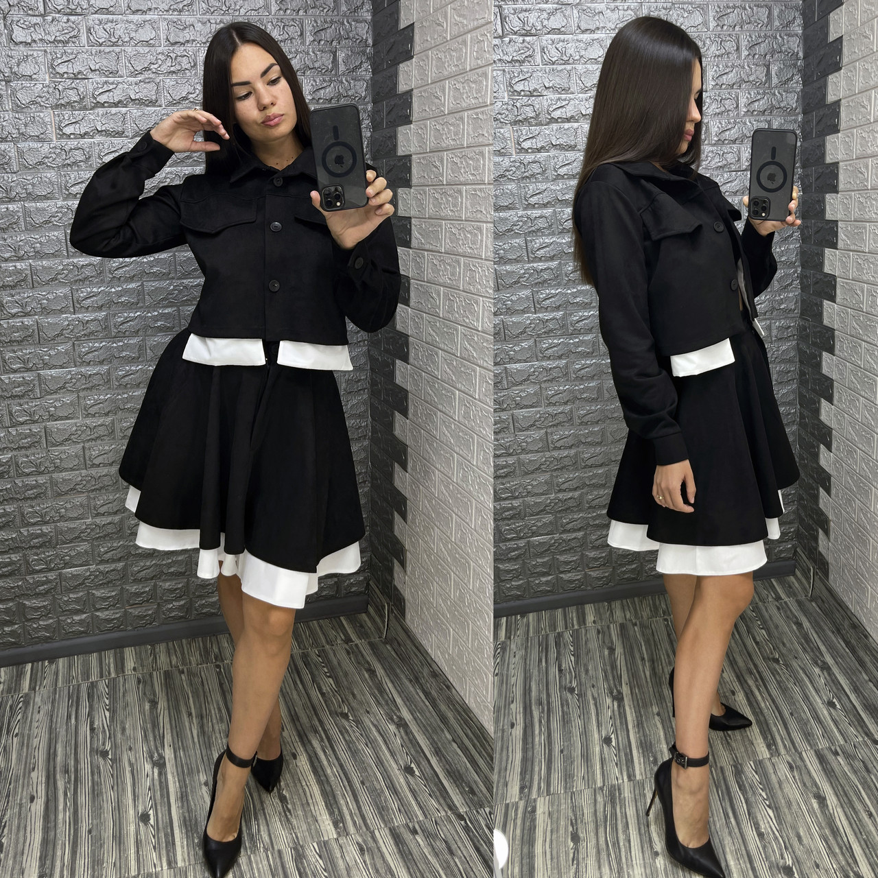 Стильний замшевий костюм піджак та спідниця з шортами, фото 1