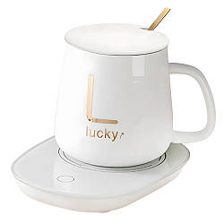 Чашка 400мл на підставці з підігрівом до +55 °С, Біла / Чашка керамічна з ложкою