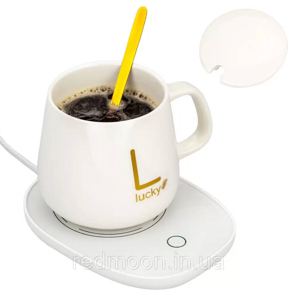 Чашка на підставці з підігрівом 400мл, до + 55 °С, від мережі, Біла / Керамічна чашка з кришкою та ложкою, фото 1