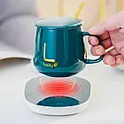 Чашка 400мл на підставці з підігрівом до + 55 °С, від мережі, Зелений / Керамічна чашка з кришкою та ложкою, фото 2