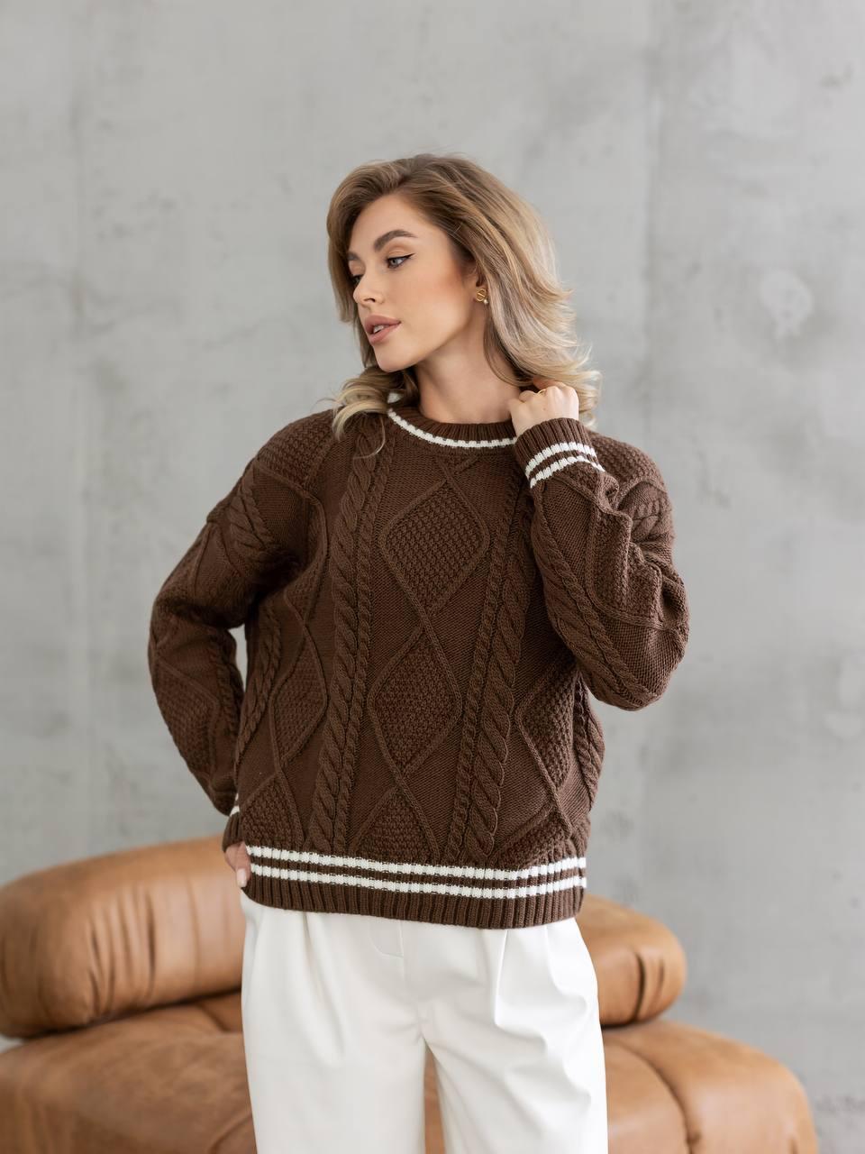 Жіночий вільний светр візерункового в'язання з контрастною лінією (р. 42-46) 4sv3438, фото 1
