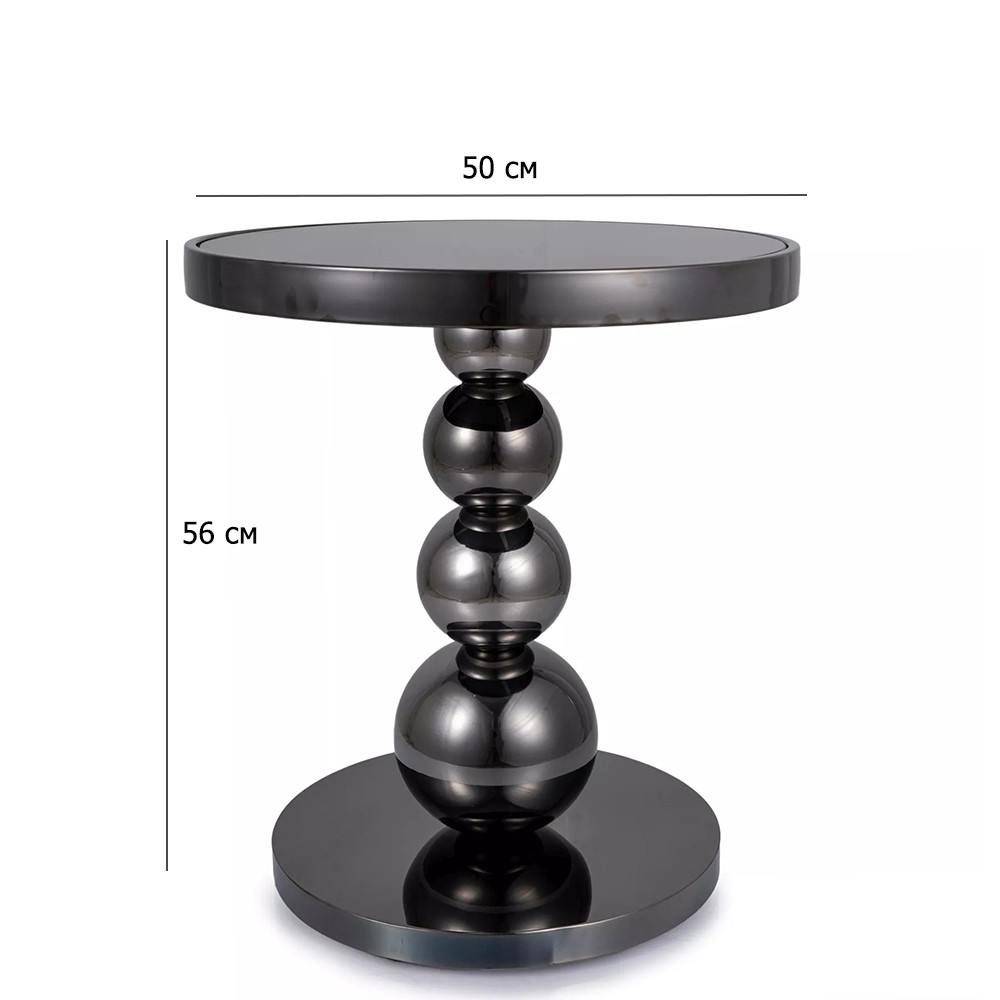 Кавовий столик із нержавіючої сталі Rima 50 см чорний зі скляною стільницею на одній ніжці, фото 1