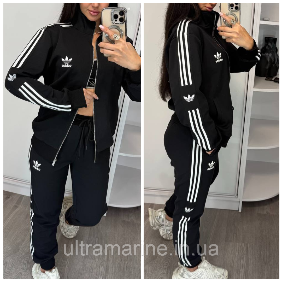 Жіночий спортивний костюм Adidas з лампасами чорний (Адідас трикотаж), фото 1
