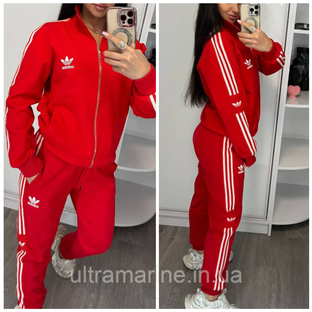 Жіночий спортивний костюм Adidas з лампасами червоний (Адідас трикотаж), фото 1