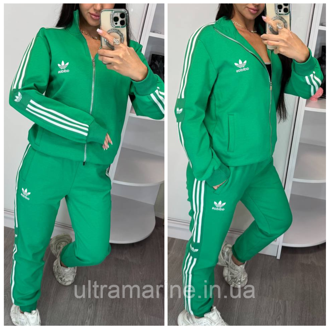 Жіночий спортивний костюм Adidas з лампасами зелений (Адідас трикотаж), фото 1