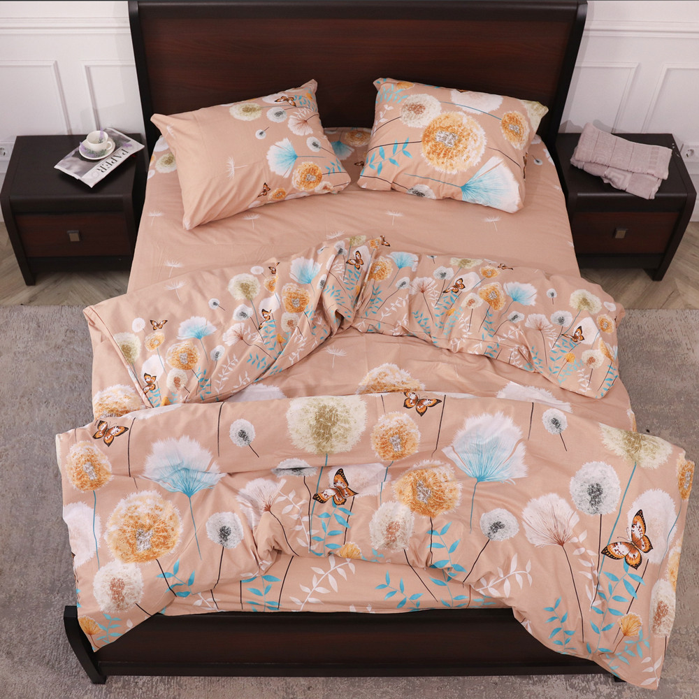 Бежевий Євро максі комплект постільної білизни з кульбабами та метеликами 200*220 бавовняний із Бязі Gold, Черешенька