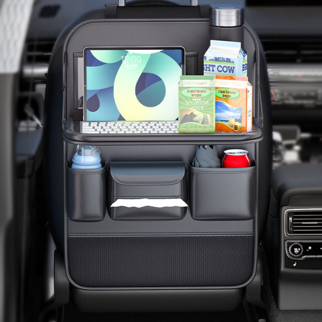 Автоорганайзер зі столиком / Органайзер у авто на спинку сидіння Чорний Кожзам, фото 1