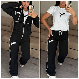 Спортивний жіночий костюм Puma тійка широкі штани палаццо мастерка та футболка чорний (Пума трикотаж Туреччина)