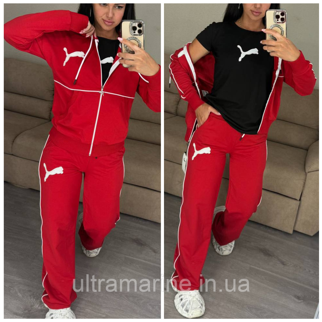 Спортивний жіночий костюм Puma тійка широкі штани палаццо мастерка та футболка червоний (Пума трикотаж Туреччина), фото 1