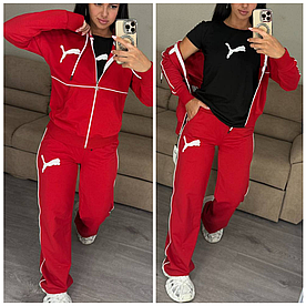 Спортивний жіночий костюм Puma тійка широкі штани палаццо мастерка та футболка червоний (Пума трикотаж Туреччина)