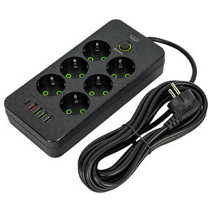 Мережевий фільтр подовжувач 5м 6 розеток та 5 USB QC PD 10А 2.5кВт EU-2506PD