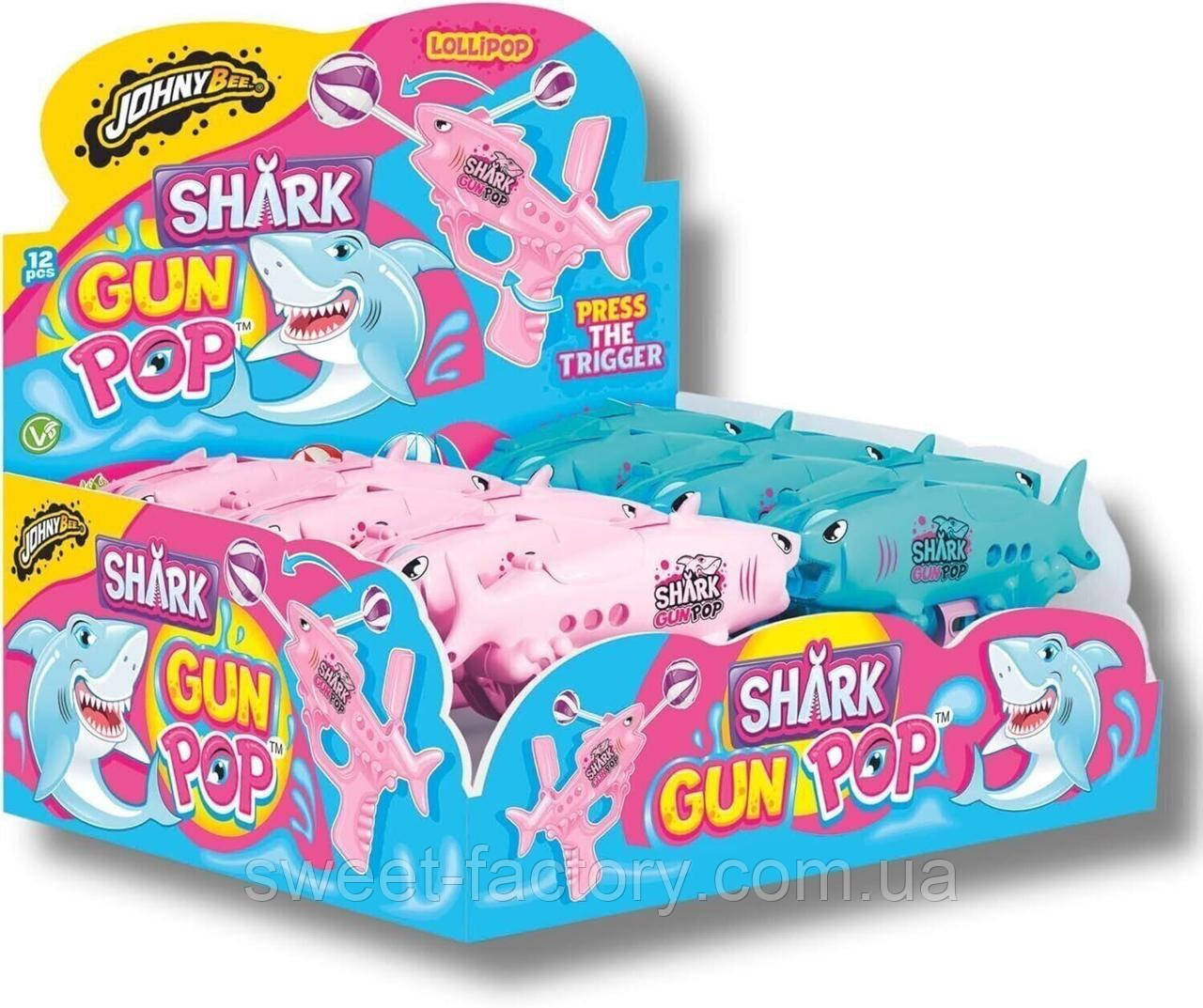 Іграшка з льодяником Johny Bee Blue Shark Gun Pop Blue Raspberry 10g, фото 1