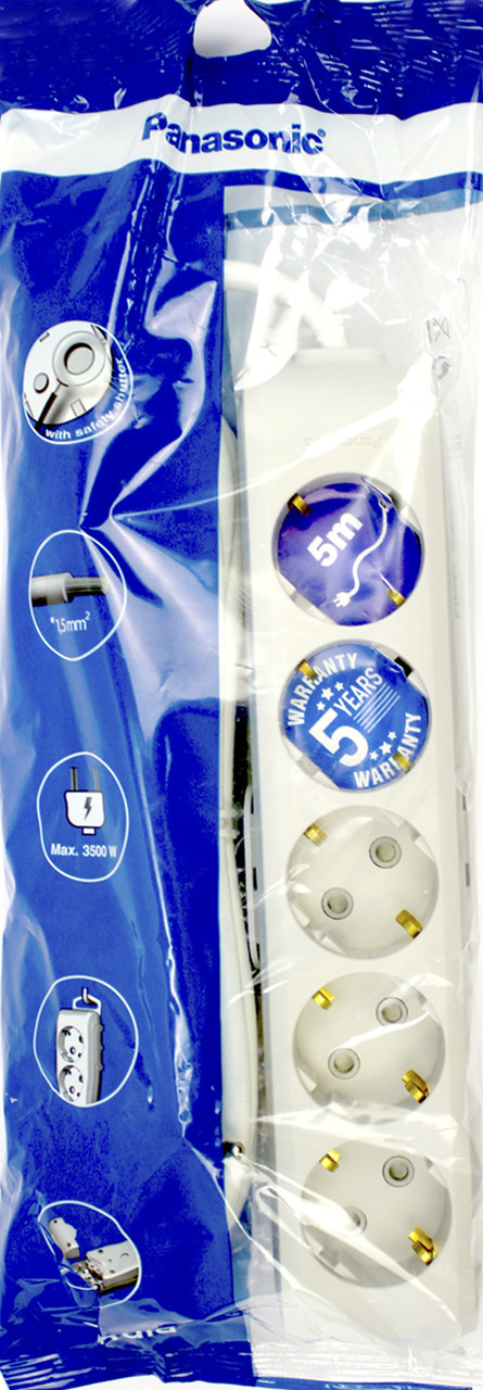 Подовжувач "Panasonic" 5гнізд 5м+зазем., захисні шторки 16A сірий №WLTB04552GR, фото 1