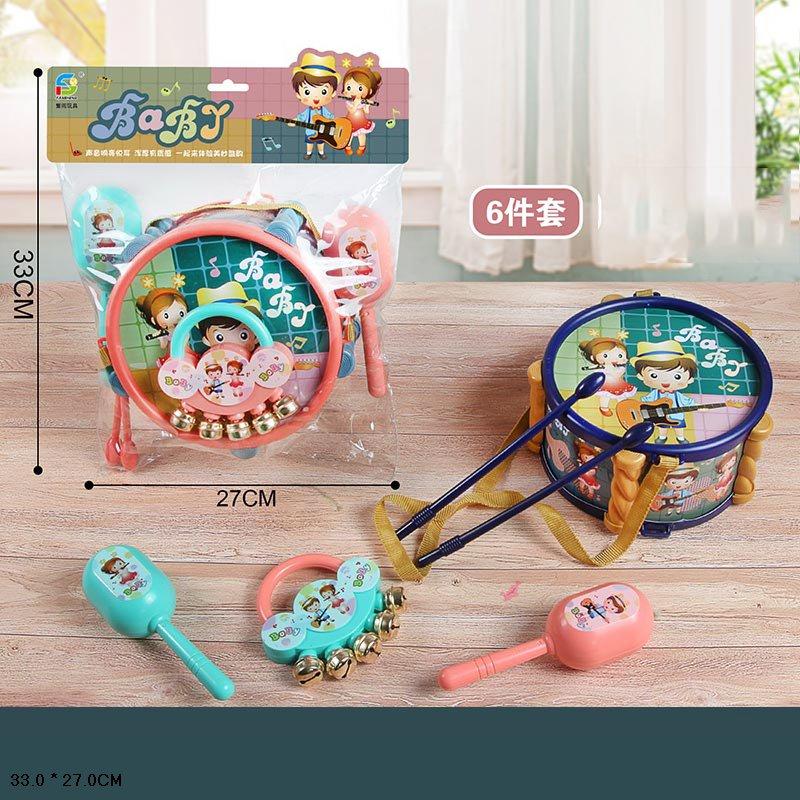 Набір муз. інструментів: барабан,маракаси,брязкальце,в кульку,27х33см №733A-135(36)(72) КІ, фото 1
