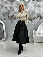 Женская теплая миди юбка со складками экокожа на флисе