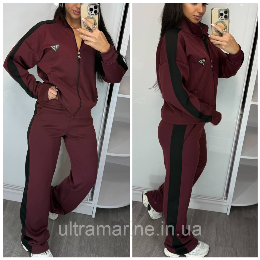 Прогулянковий жіночий костюм з широкими штанами палаццо бургунді (трикотаж масло Туреччина), фото 1