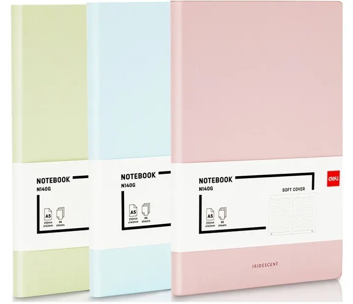 Блокнот А5 Deli 96 кремових листів # №EN140G (57249) (PU гнучка обклад.) з рожевим торцем блакитний, фото 1