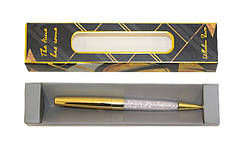 Ручка подарункова кулькова поворотна у коробці WB №170 біло-золота зі стразами